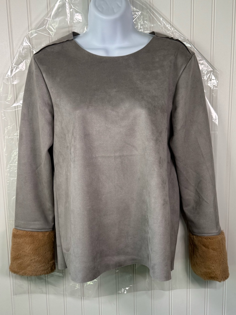 Catherine Malandrino Gray Faux Suede Top with Brown Faux Fur Cuffs